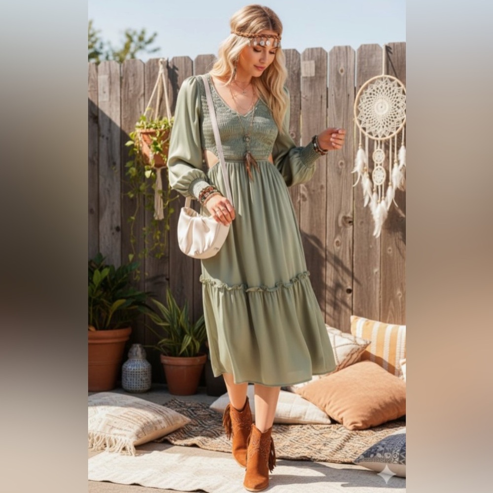 P-017 Lumiere Falls Vibes Smocked Cut Out Midi Dress